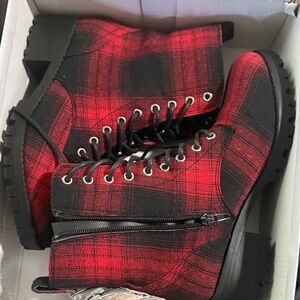 True Craft Red and Black Plaid Combat Boots
